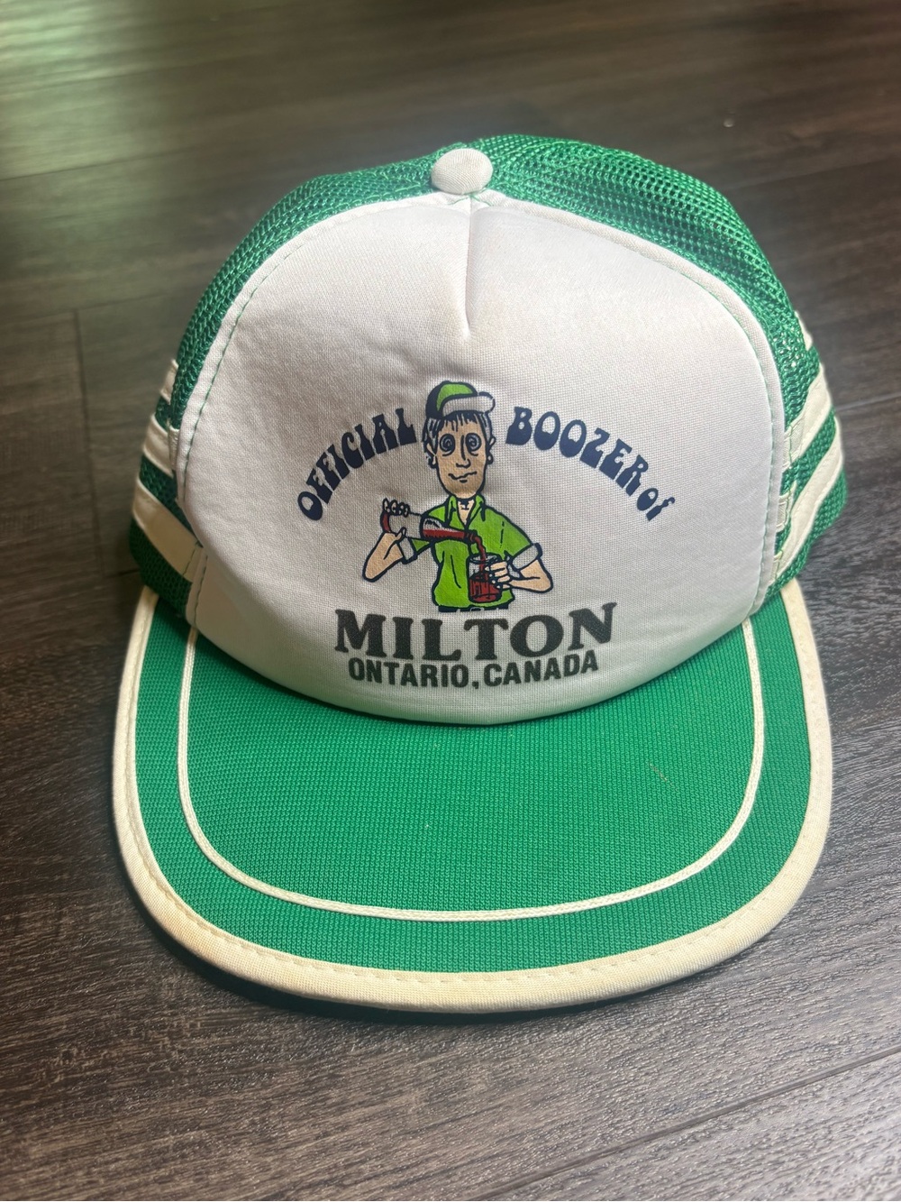 Vintage 80s Official Boozer Of Milton Ontario Canada 3 Stripe Trucker Hat